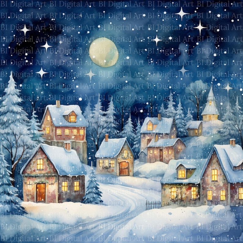 Winterliches Weihnachtsdorf in Aquarell.
Dieses stimmungsvolle Weihnachtsdorf-Set zeigt sieben liebevoll gestaltete Winterlandschaften mit verschneiten Häusern, leuchtenden Fenstern, hohen Tannen und einem ruhigen nächtlichen Himmel. Die warmen Lichtquellen, die geschwungenen Wege und die sanften Schneeflocken schaffen eine harmonische, festliche Atmosphäre – ideal für kreative Weihnachtsprojekte.