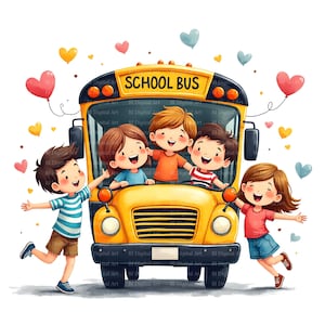 Puede incluir: Ilustración alegre de un autobús escolar amarillo con el texto "SCHOOL BUS". Varios niños son representados sonriendo y saludando, rodeados de globos en forma de corazón de varios colores. La imagen tiene una estética brillante y acogedora.