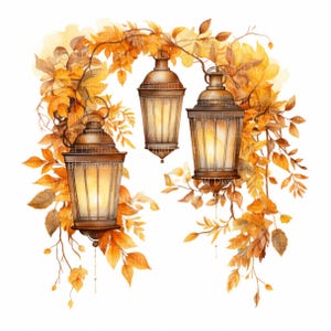 May include: A watercolour illustration featuring three antique lanterns with warm, glowing lights. The lanterns are surrounded by autumn leaves in shades of orange, yellow, and brown, creating a seasonal, decorative design. The image has a vintage, rustic feel.