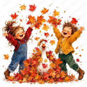 Peut inclure: Une illustration numérique représentant deux enfants et une oie blanche entourés de feuilles d'automne qui tombent. Un enfant porte un pull rouge et une salopette en jean bleu, l'autre un gilet jaune et un pantalon vert, avec des bottes marron.