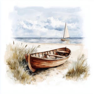 Boot am Strand Clipart, 10 druckbare Aquarell Bilder, Altes Boot, Hochwertige JPGs, Digitaler Download, Papiermodelle, Kommerzielle Nutzung