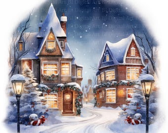 Watercolor Christmas Street Clipart – Festive Houses, Winter Town (Digital Download)