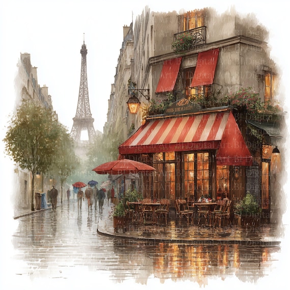 パリの雨カフェのクリップアート7点、エッフェル塔のイラスト、水彩画