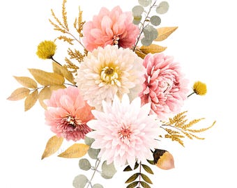 Watercolor Dahlia Flower Bouquet Cliparts, Autumn Floral (Instant Download)