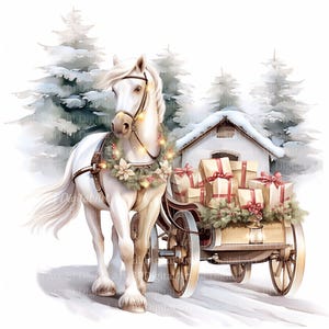 Watercolor Horse Sleigh Clip Art – Winter Christmas Landscape (digital ...