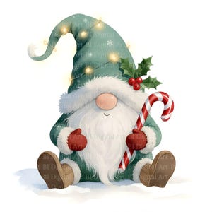 May include: A watercolour illustration of a Christmas gnome. The gnome is depicted with a teal hat, white beard, and red gloves, holding a candy cane. The hat is decorated with holly, berries, and a string of fairy lights.