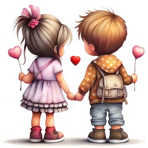 10 Süße Valentinstags-Kinder im Cartoon-Stil Cliparts, Erste-Liebe-Illustrationen, JPG-druckbares Aquarell, digitaler Download, Junk Journal