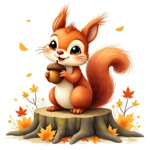 Könnte beinhalten: Ein Cartoon-Eichhörnchen mit orangefarbenem Fell und einem flauschigen Schwanz, das eine Eichel hält. Es sitzt auf einem Baumstumpf, umgeben von Herbstblättern. Die Illustration hat eine warme, herbstliche Farbpalette.