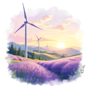 10 Lavender Fields with Wind Turbines at Sunrise & Sunset, Watercolor Wind Energy Clipart, Renewable Energy, Printable JPG, Digital Download