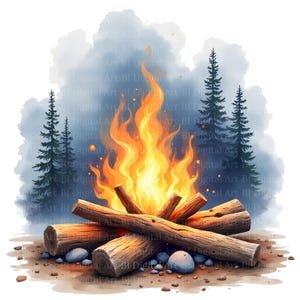 Aquarell-Lagerfeuer-Cliparts, Campingfeuer-Grafiken (JPG, digitaler Download)