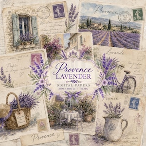 May include: A collection of digital papers featuring vintage-style postcards and illustrations of Provence, France. The imagery includes lavender fields, a bicycle, a wicker basket, a pitcher, and a window, all decorated with purple lavender sprigs.