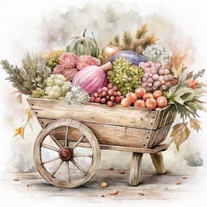 Clipart de légumes d’automne, Clipart fruits et légumes, Clipart de récolte d’automne, Wagon de ferme d’automne, JPG, PNG Transparent, Clipart aquarelle, Numérique