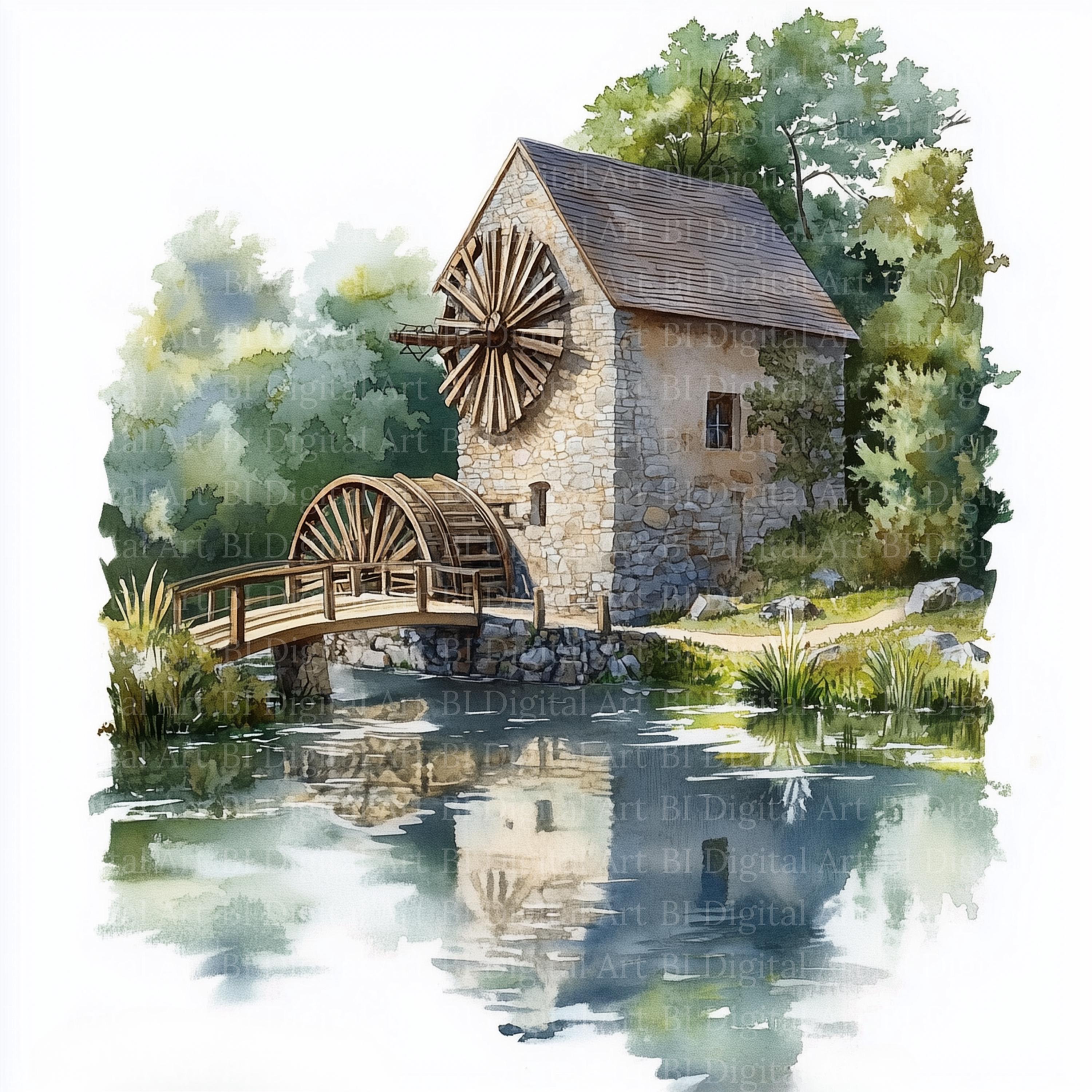 水彩画風水車小屋のクリップアート、風景イラスト（デジタル