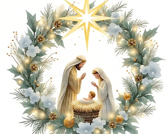May include: A Christmas wreath with a nativity scene at the center. The wreath is decorated with pine needles, white flowers, and gold accents. A large gold star shines above the scene. The nativity scene depicts Mary, Joseph, and baby Jesus.