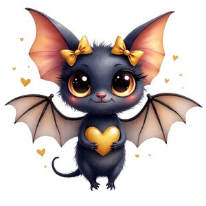 May include: A cute cartoon bat with large, expressive eyes, wearing golden bows, and holding a golden heart. The bat has dark gray fur, peach-colored ears, and delicate wings. Small golden hearts are scattered around the bat against a white background.