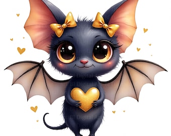 Cute Bat Clipart Set – Watercolor Cartoon Style (PNG, JPG, Digital Download)