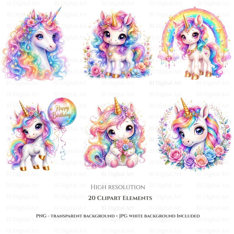 Cute Unicorn Clipart Bundle, Watercolor Rainbow Unicorn PNG, Kawaii ...