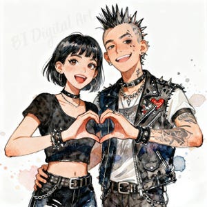 Könnte beinhalten: Aquarellillustration eines Punk-Paares, das mit seinen Händen ein Herz formt. Die Frau trägt ein schwarzes Crop-Top und der Mann eine nietenbesetzte Lederweste. Beide haben schwarze Halsbänder und Armbänder. Der Mann hat einen Irokesenschnitt und Tattoos.