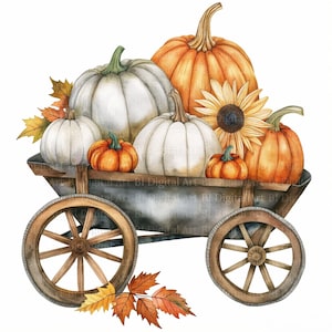 May include: Watercolor illustration of a rustic wheelbarrow filled with pumpkins, a sunflower, and fall leaves. The pumpkins are white and orange, with green stems. The wheelbarrow has wooden wheels and a metal bed, perfect for autumn decor.