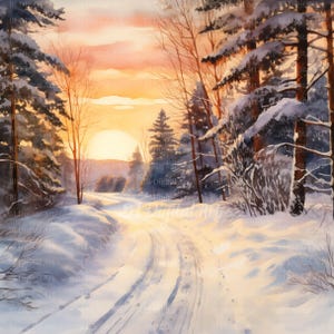 May include: Watercolor painting of a snowy winter landscape with a winding road leading towards a sunset. The scene features snow-covered trees and a warm, golden sky. The artwork evokes a sense of peace and tranquility.