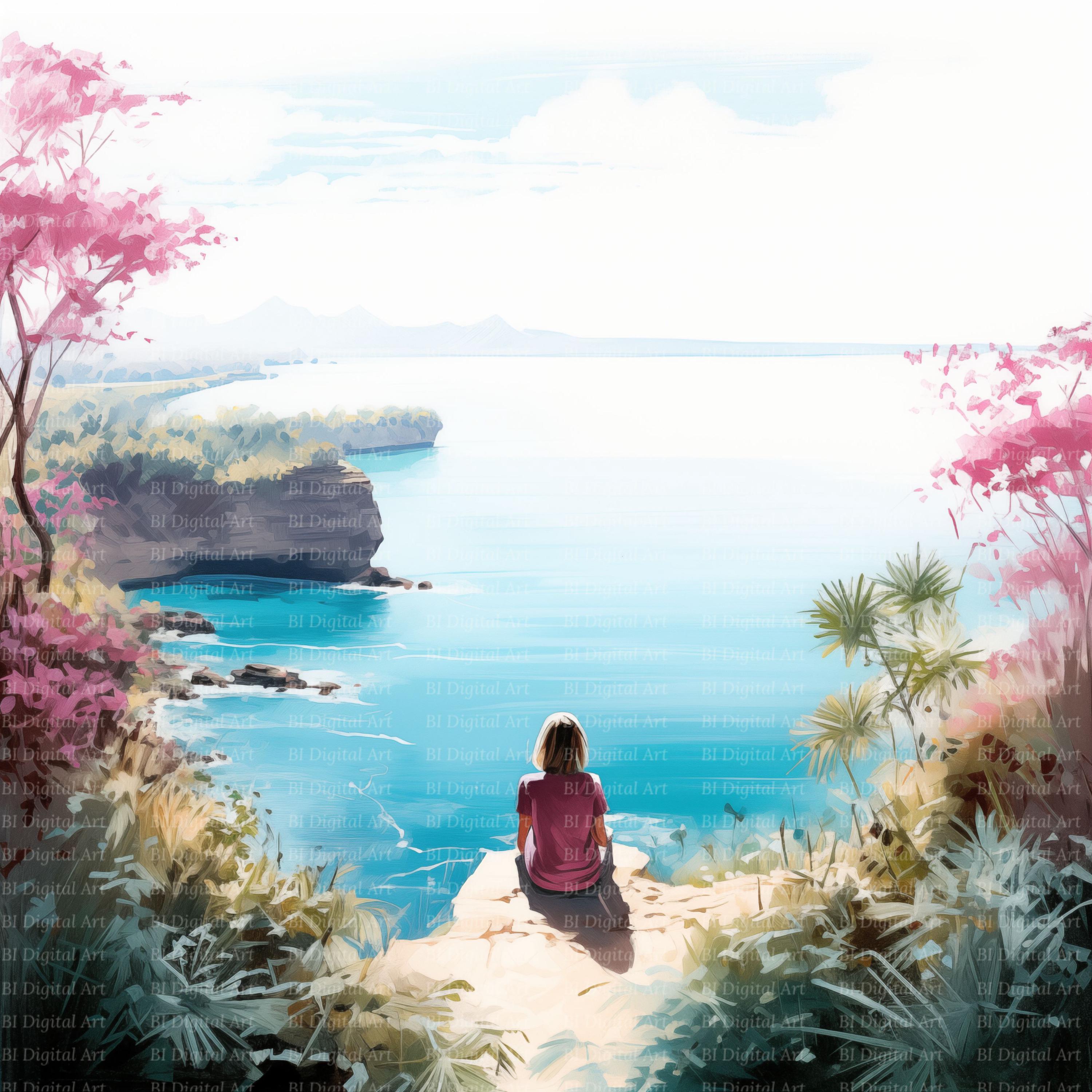 リラックスした女性と海の景色を描いた水彩画クリップアート（即時