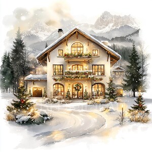 Gästehaus in den Bergen im Winter, 16 Weihnachtliche Schneehaus-ClipArts, druckbare Aquarell-Winterhäuser, hochwertige JPG, digital download