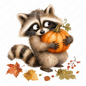Puede incluir: Una ilustración en acuarela de un mapache esponjoso con marcas faciales blancas y negras que sostiene una calabaza naranja redonda. El mapache tiene una cola rayada y está rodeado de hojas de otoño dispersas en tonos rojos, naranjas y marrones.