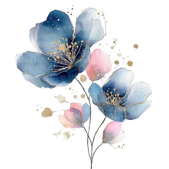 抽象的な花の水彩画クリップアート10点、植物イラスト、青ピンクの花と