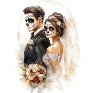 Dia De Muertos Paar Clipart, Tag der Toten Hochzeits-Clipart, Braut & Bräutigam Digitale Kunst, druckbare PNGs | JPGs, digitaler Download