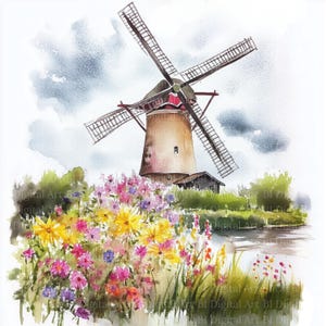 8 Watercolor Windmill Cliparts, Landscape with Windmill Illustrations, Printable Files - JPGs, Digital Download, Paper Craft, Junk Journals