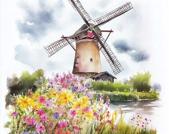 8 imágenes prediseñadas de molinos de viento en acuarela, paisaje con ilustraciones de molinos, archivos imprimibles (JPG), descarga digital, manualidades de papel, diarios