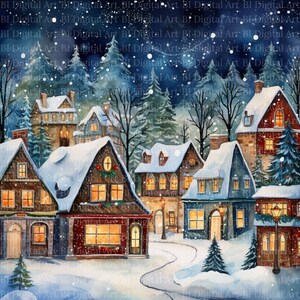Winterliches Weihnachtsdorf in Aquarell.
Dieses stimmungsvolle Weihnachtsdorf-Set zeigt sieben liebevoll gestaltete Winterlandschaften mit verschneiten Häusern, leuchtenden Fenstern, hohen Tannen und einem ruhigen nächtlichen Himmel. Die warmen Lichtquellen, die geschwungenen Wege und die sanften Schneeflocken schaffen eine harmonische, festliche Atmosphäre – ideal für kreative Weihnachtsprojekte.