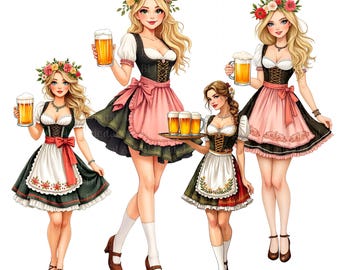 14 Oktoberfest Beer Girl Cliparts – Waitress with Beer Mug, Watercolor Illustration, High-Res PNG JPG, Party Decoration, Digital Download