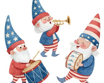 Clipart di gnomi patriottici ad acquerello – Illustrazioni per il 4 luglio (Download digitale)