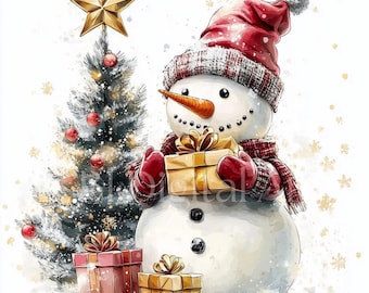 Conjunto de imágenes prediseñadas de muñecos de nieve en acuarela, ilustración para regalo de Navidad (descarga digital)