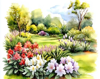 庭の池の水彩画クリップアート – 春の風景イラスト（デジタル