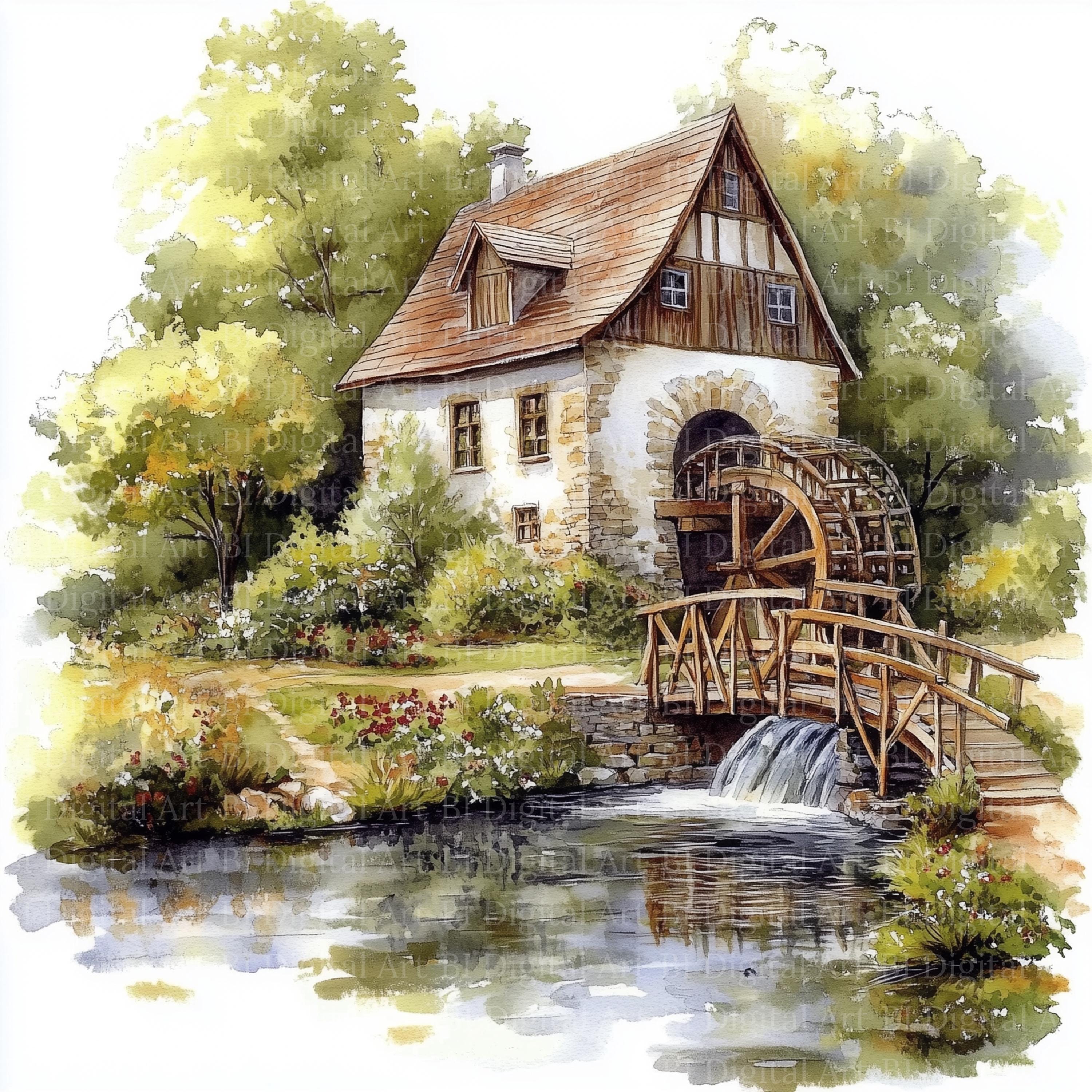 水彩画風水車小屋のクリップアート、川の風景イラスト（デジタル