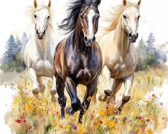 水彩画風の馬のイラストクリップアート、馬のウォールアート（デジタル