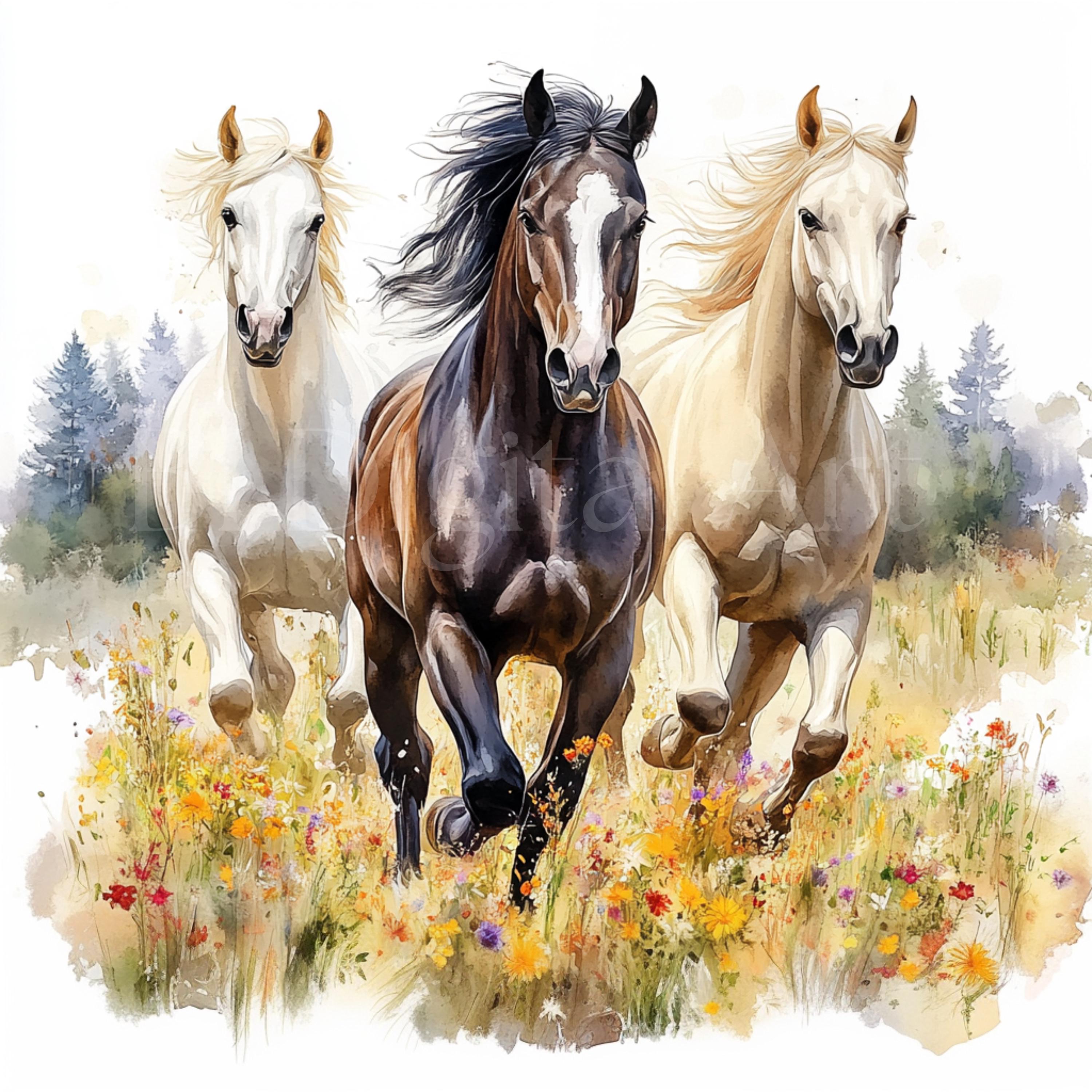 水彩画風の馬のイラストクリップアート、馬のウォールアート（デジタル