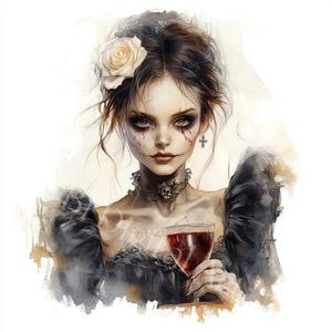 Vampir Frau mit Wine Clipart - Halloween digitaler Download, druckbare Kunst,  Vampire Aquarell, Papiermodelle,  Junk Journals and Crafts