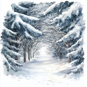 Op de afbeelding: Een aquarel schilderij van een besneeuwd bospaadje. De bomen zijn bedekt met sneeuw en het pad is bezaaid met voetafdrukken. De scène is vredig en sereen.