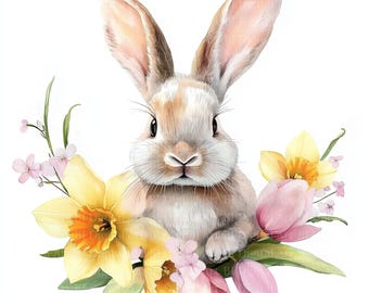 10 Flower Bunny Clipart – Watercolor Bunny Wreath, Spring & Easter Graphics for Cards and DIY, JPG, Digital Download