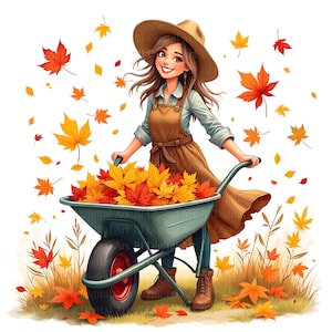 10 Herbst Cliparts – Mädchen mit Schubkarre voller Herbstblätter, Aquarell Illustrationen, Hochauflösende JPG Bilder, Digitaler Download