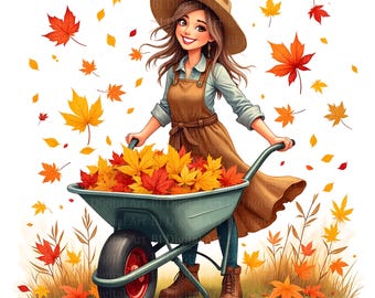 Girl with Wheelbarrow Clipart – Autumn Leaves, Watercolor Illustration (Digital Download)