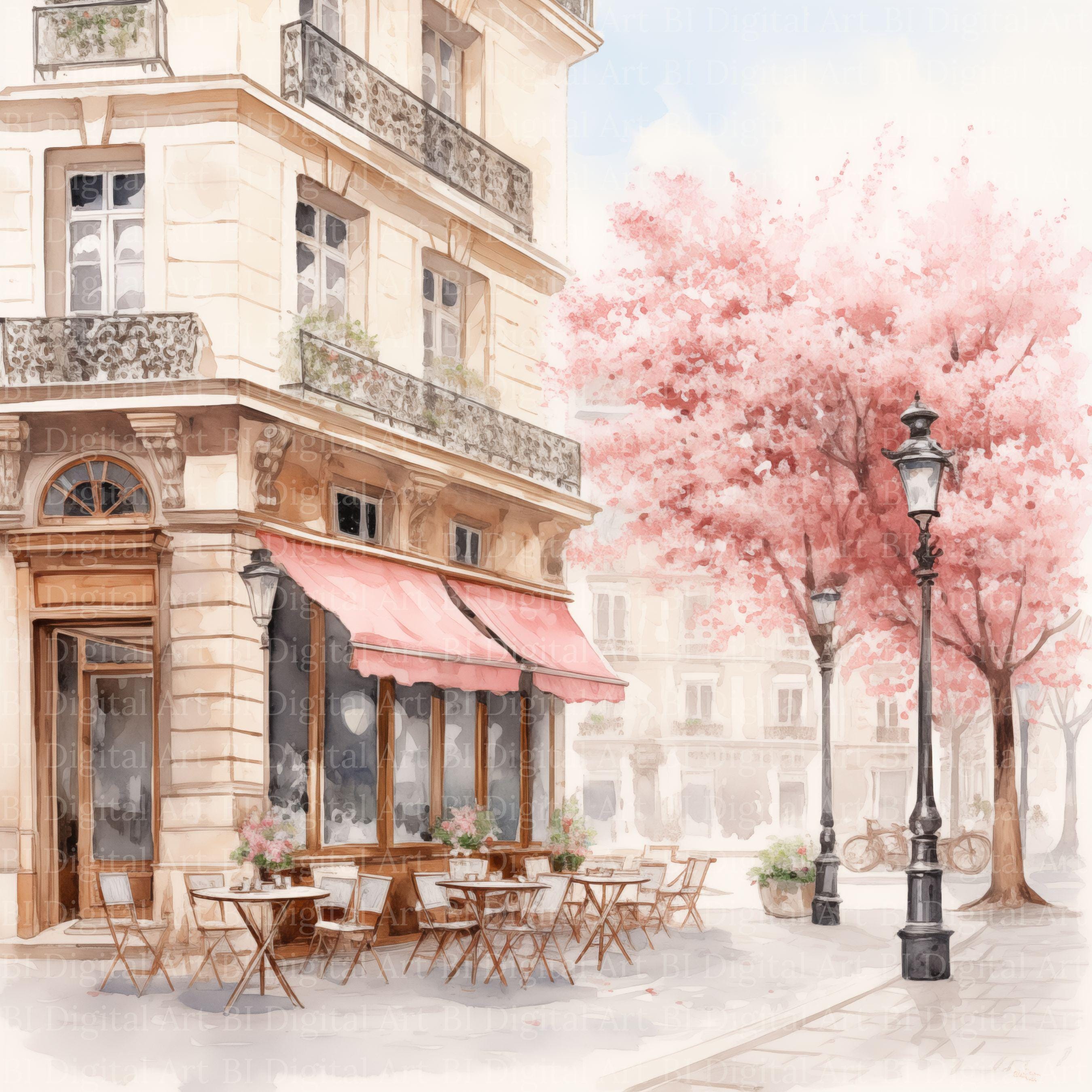 深沢証明【パリのカフェ・ル・レンタス】希少画集画、状態良好 水彩画風パリのカフェのクリップアート、フレンチビストロの風景