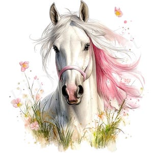 10 weiße Pferde mit rosa Mähne Clipart – Druckbare Aquarell-Pferdebilder, digitaler Download, hochwertige JPGs, Papiermodell, Junk Journals