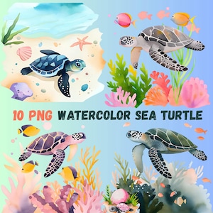 Colorful Sea Turtle Clipart, 10 Watercolor Underwater Illustrations - Coral & Fish PNG | JPG, Digital Download, Sublimation Design, Journals