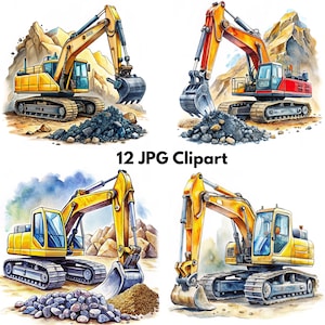 May include: Four yellow and red construction excavators with black tracks and a black and gray rock background.  The excavators are in different positions, some with their arms raised and some with their arms lowered.  The excavators are in a cartoon style and are drawn with a watercolor effect.  12 JPG Clipart.