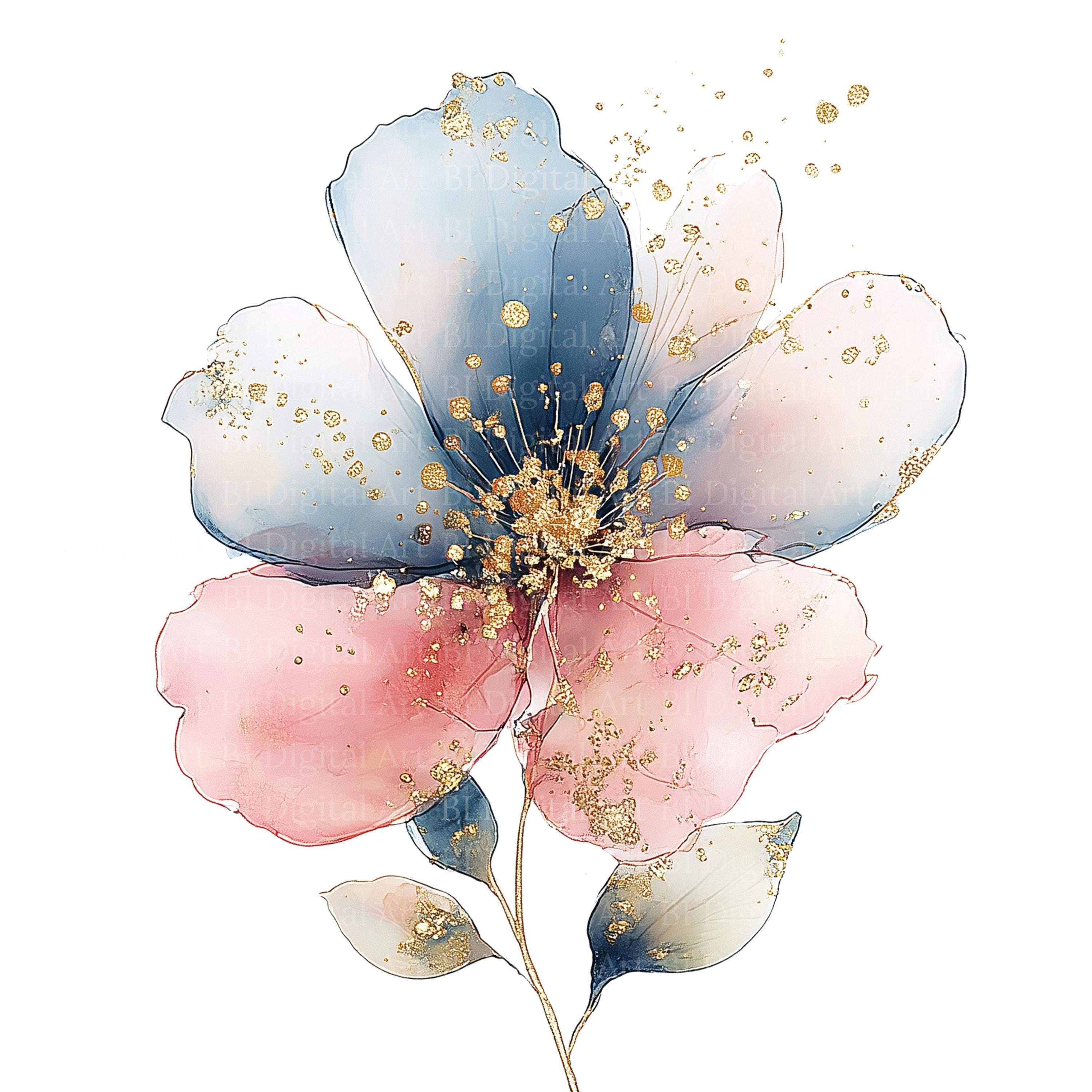 抽象的な水彩画風の花のクリップアート、青、ピンク、金色（デジタル