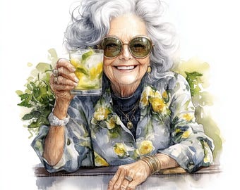 Boho Grandma Cocktail Clipart, Watercolor Printable (Digital Download)